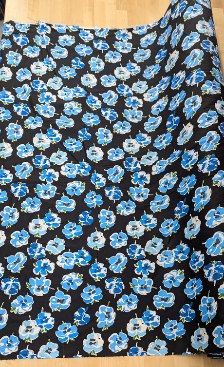 Blue Flower Print Cotton Spandex Fabric - Blue Floral On Black, 46-47" Width (1 Yard)