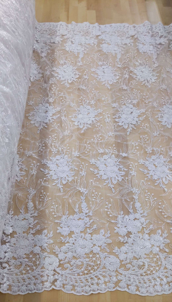 Grace Polyester Lace Fabric - White, Off White Floral Embroidery, Clear Sequins, 50-51" Width (1 Yard)