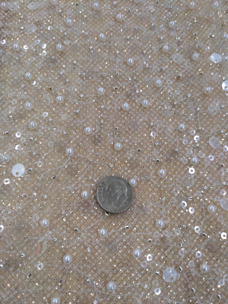 All Over Beads And Sequins Bridal Lace Polyester Fabric - Blush Pink And Light Ivory, Mesh With Beads, Sequins And Pearls, 59/60" Width (1 Yard)