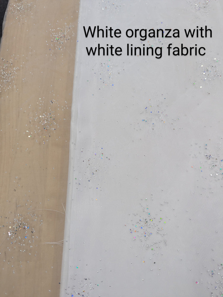 Dew Drop Sparkle Organza Polyester Fabric - White, Ice Pink Iridescent Dewdrop Pattern, 58-59" Width (1 Yard)