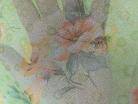 Organza With Flowers Polyester Organza Fabric - Lime Green, Orange Floral, 58/59" Width (1 Yard)
