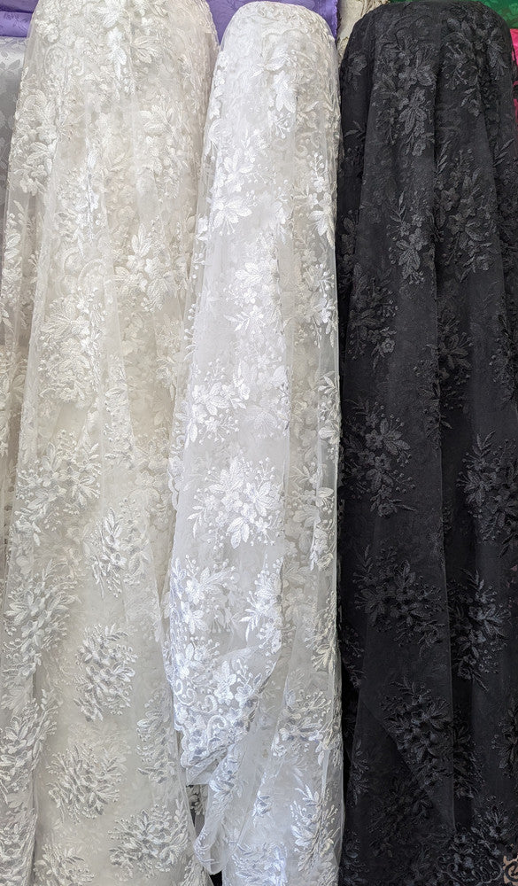 Regina Polyester Lace Fabric - White, Off-White, Black, Bridal Floral Embroidered Mesh, Scalloped Edges, 51/52" Width (1 Yard)