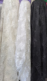 Regina Polyester Lace Fabric - White, Off-White, Black, Bridal Floral Embroidered Mesh, Scalloped Edges, 51/52" Width (1 Yard)