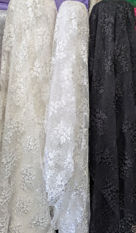 Regina Polyester Lace Fabric - White, Off-White, Black, Bridal Floral Embroidered Mesh, Scalloped Edges, 51/52" Width (1 Yard)