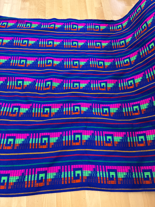 Pirámide Acrylic Fabric - Royal Blue Multicolor Geometric Pyramid Pattern, Horizontal Design, 30" Width (1 Yard)