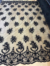 Beaded Bridal Lace Polyester Fabric - Black, Champagne, Lilac Floral Mesh With Sequins, Beads And Pearls, 49/50" Width (1 Yard)