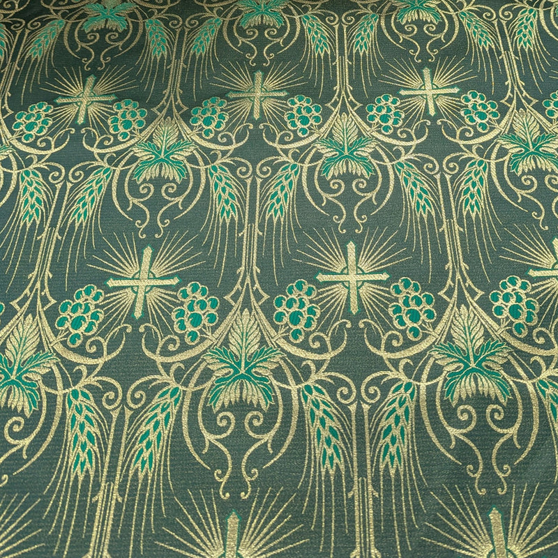 Church Metallic Brocade Wheat And Cross Polyester Brocade Fabric - Green, Red, Gold And Purple, Metallic Cross, Grapes And Wheat Jacquard, 58-59" Width (1 Yard)