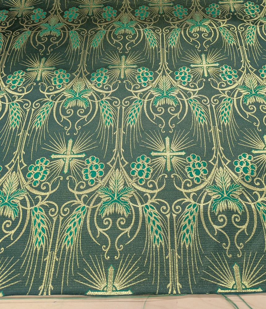Church Metallic Brocade Wheat And Cross Polyester Brocade Fabric - Green, Red, Gold And Purple, Metallic Cross, Grapes And Wheat Jacquard, 58-59" Width (1 Yard)