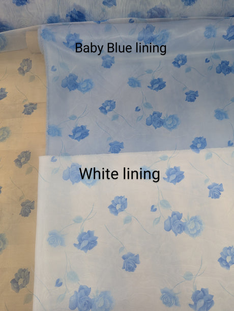 Organza With Flowers Polyester Fabric - Light Blue/Dark Blue Floral, 58/59" Width (1 Yard)