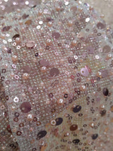 All Over Beads And Sequins Bridal Lace Polyester Fabric - Blush Pink And Light Ivory, Mesh With Beads, Sequins And Pearls, 59/60" Width (1 Yard)