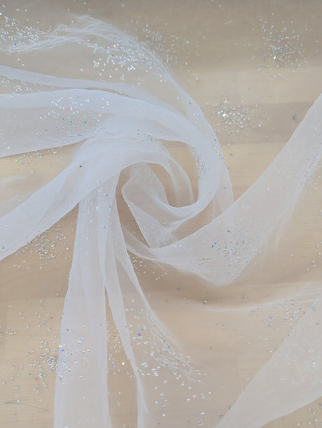 Dew Drop Sparkle Organza Polyester Fabric - White, Ice Pink Iridescent Dewdrop Pattern, 58-59" Width (1 Yard)