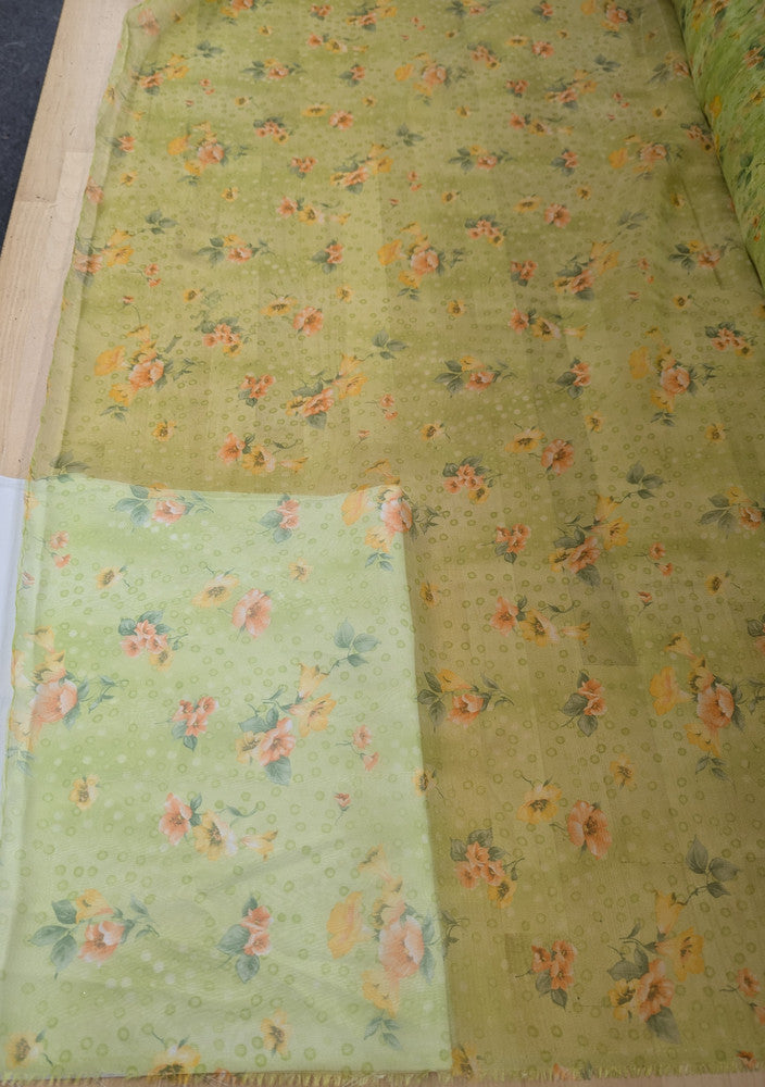 Organza With Flowers Polyester Organza Fabric - Lime Green, Orange Floral, 58/59" Width (1 Yard)