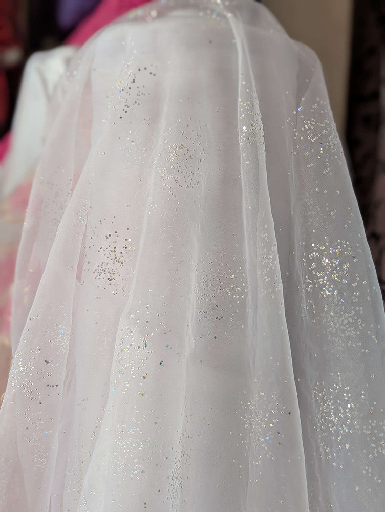 Dew Drop Sparkle Organza Polyester Fabric - White, Ice Pink Iridescent Dewdrop Pattern, 58-59" Width (1 Yard)