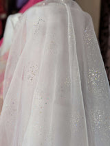 Dew Drop Sparkle Organza Polyester Fabric - White, Ice Pink Iridescent Dewdrop Pattern, 58-59" Width (1 Yard)
