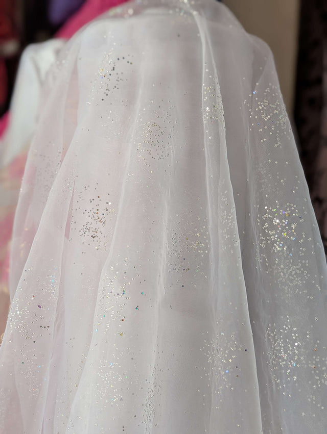 Dew Drop Sparkle Organza Polyester Fabric - White, Ice Pink Iridescent Dewdrop Pattern, 58-59" Width (1 Yard)