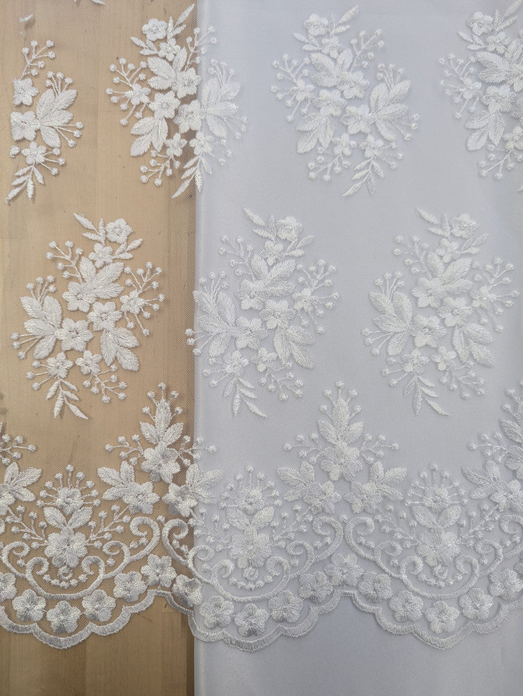 Regina Polyester Lace Fabric - White, Off-White, Black, Bridal Floral Embroidered Mesh, Scalloped Edges, 51/52" Width (1 Yard)