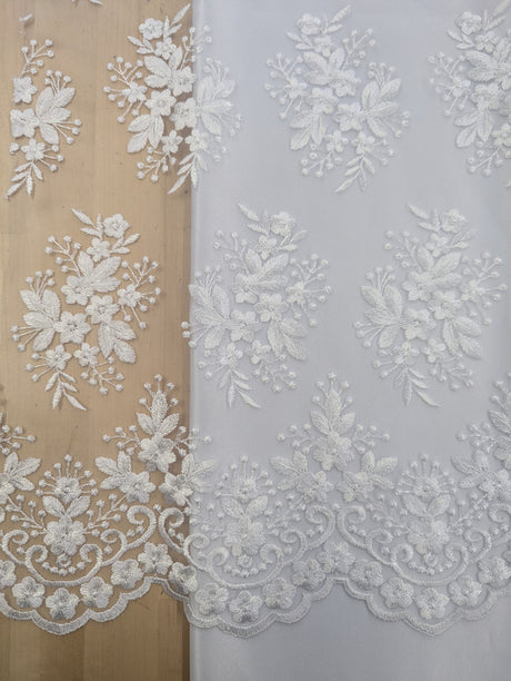 Regina Polyester Lace Fabric - White, Off-White, Black, Bridal Floral Embroidered Mesh, Scalloped Edges, 51/52" Width (1 Yard)