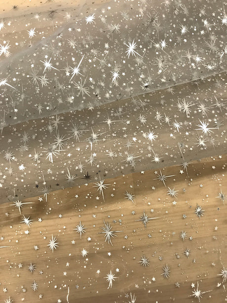 Foil Star Polyester Organza Fabric - Multiple Colors, Silver Foil Stars, 58/59" Width (1 Yard)
