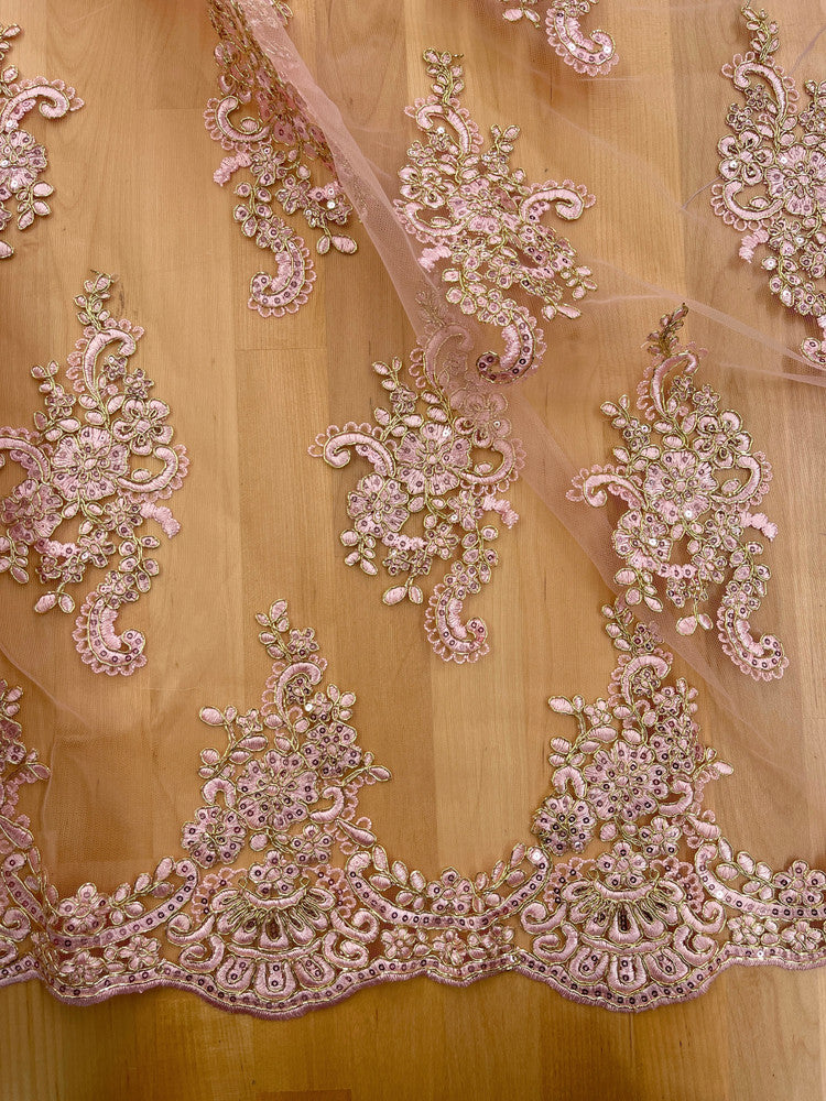 Pink And Gold Lace Polyester Lace Fabric - Pink And Gold Metallic Thread, Sequins, 53-54" Width (1 Yard)