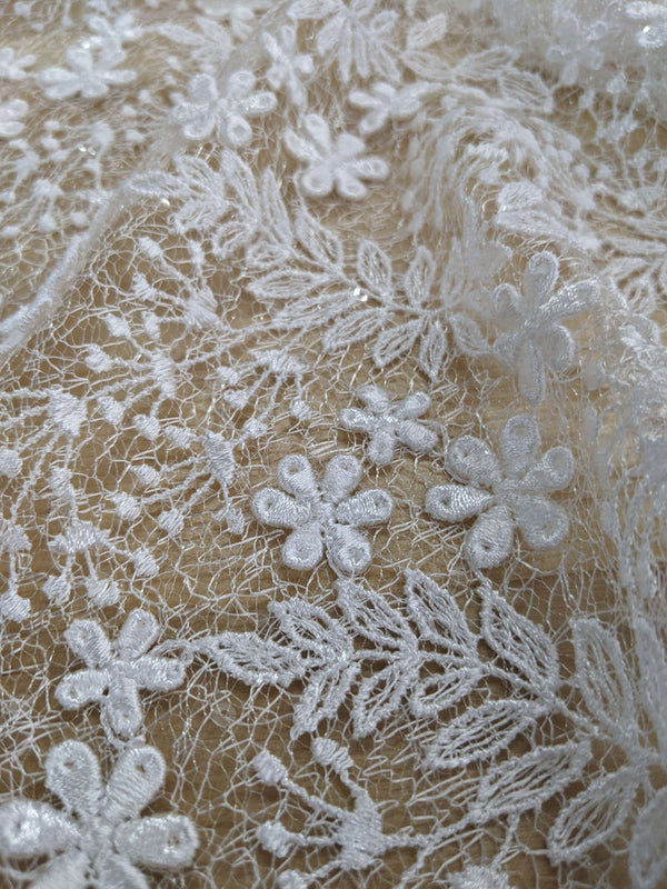 Daisy Bridal Lace Polyester Fabric - White, Off White, Pink, Small Flower Embroidery With Clear Sequins, 50-51" Width (1 Yard)