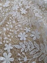 Daisy Bridal Lace Polyester Fabric - White, Off White, Pink, Small Flower Embroidery With Clear Sequins, 50-51" Width (1 Yard)