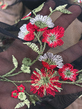 Red And White Flower Lace Polyester/Spandex Fabric - Embroidered Stretch Mesh, Red/White Flowers, Green Leaves, 57" Width (1 Yard)