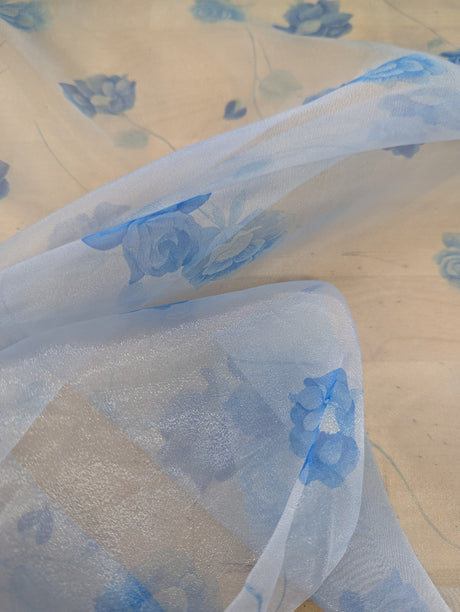 Organza With Flowers Polyester Fabric - Light Blue/Dark Blue Floral, 58/59" Width (1 Yard)