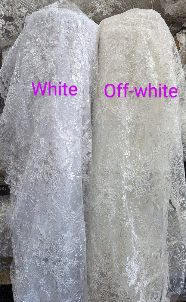 Grace Polyester Lace Fabric - White, Off White Floral Embroidery, Clear Sequins, 50-51" Width (1 Yard)