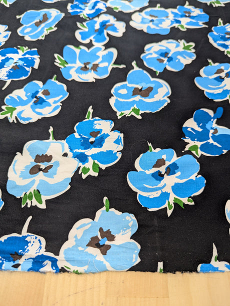 Blue Flower Print Cotton Spandex Fabric - Blue Floral On Black, 46-47" Width (1 Yard)