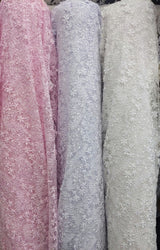 Daisy Bridal Lace Polyester Fabric - White, Off White, Pink, Small Flower Embroidery With Clear Sequins, 50-51" Width (1 Yard)
