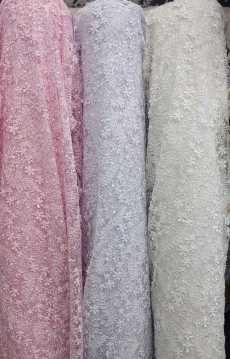 Daisy Bridal Lace Polyester Fabric - White, Off White, Pink, Small Flower Embroidery With Clear Sequins, 50-51" Width (1 Yard)