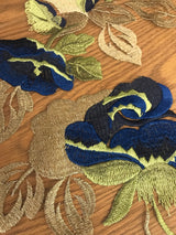 Embroidered Rose Polyester Lace Fabric - Nude Mesh With Navy And Royal Blue Roses, Green And Champagne Leaves, Metallic Accents, 58" Width, 50" Embroidered Width (1 Yard)