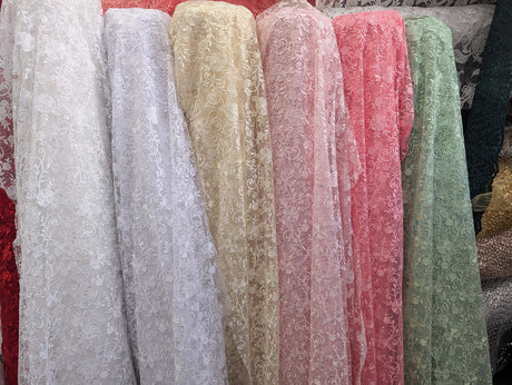 Elizabeth Bridal Lace Polyester Fabric - Multiple Colors, Floral Embroidered Mesh With Sequins, 49/50" Width (1 Yard)