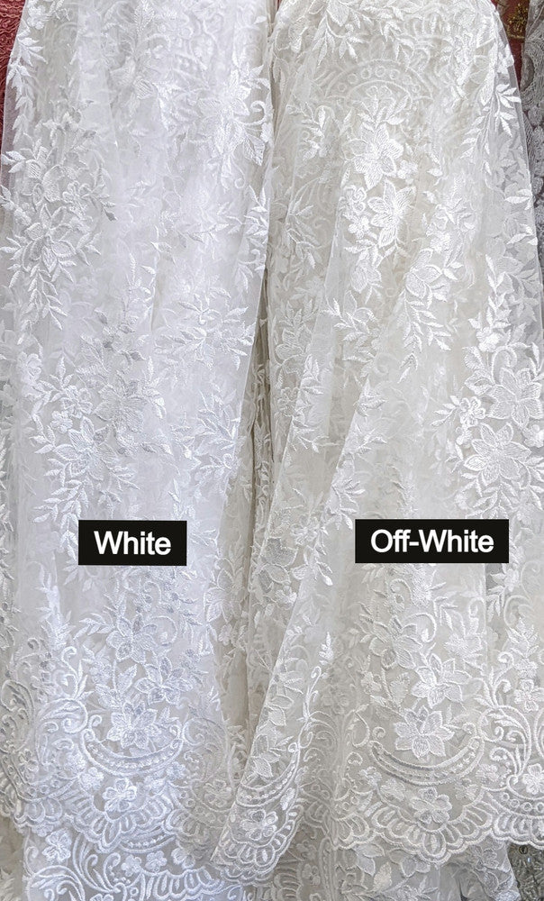 Regina Polyester Lace Fabric - White, Off-White, Black, Bridal Floral Embroidered Mesh, Scalloped Edges, 51/52" Width (1 Yard)