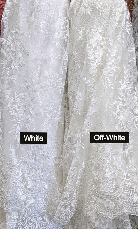Regina Polyester Lace Fabric - White, Off-White, Black, Bridal Floral Embroidered Mesh, Scalloped Edges, 51/52" Width (1 Yard)