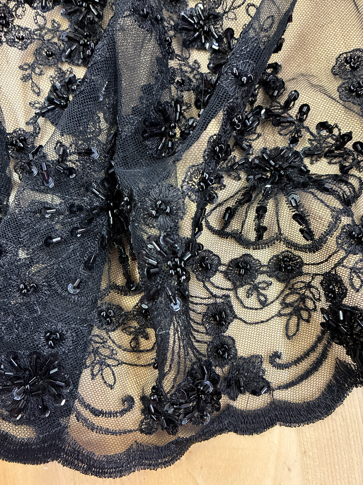 Beaded Bridal Lace Polyester Fabric - Black, Champagne, Lilac Floral Mesh With Sequins, Beads And Pearls, 49/50" Width (1 Yard)