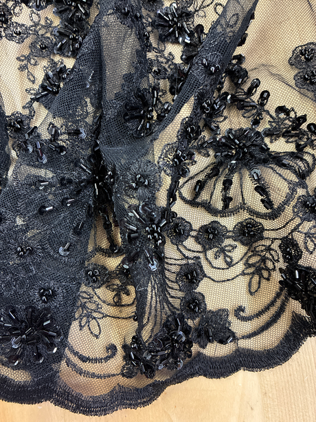 Beaded Bridal Lace Polyester Fabric - Black, Champagne, Lilac Floral Mesh With Sequins, Beads And Pearls, 49/50" Width (1 Yard)
