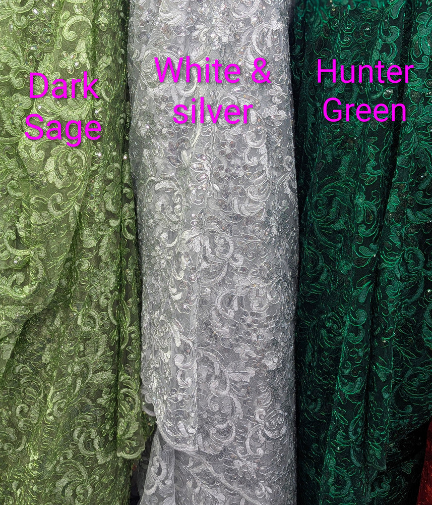 All Over Flowers With Sequins Polyester Lace Fabric - Multiple Colors, Floral Mesh With Metallic Thread, 50" Width (1 Yard)
