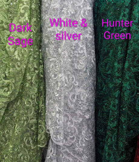 All Over Flowers With Sequins Polyester Lace Fabric - Multiple Colors, Floral Mesh With Metallic Thread, 50" Width (1 Yard)