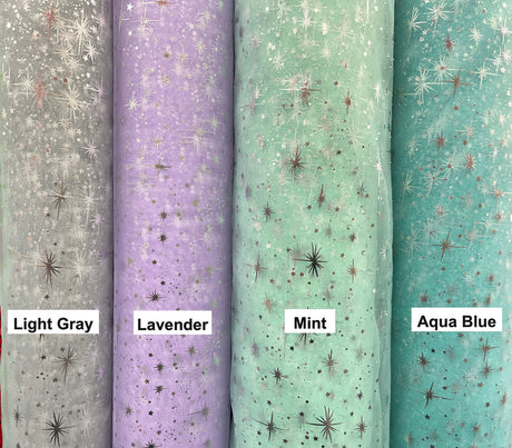 Foil Star Polyester Organza Fabric - Multiple Colors, Silver Foil Stars, 58/59" Width (1 Yard)