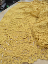Mustard Stretch Lace Polyester Spandex Fabric - Mustard Floral Pattern, Small Scallop, Sheer, 54/55" Width (1 Yard)