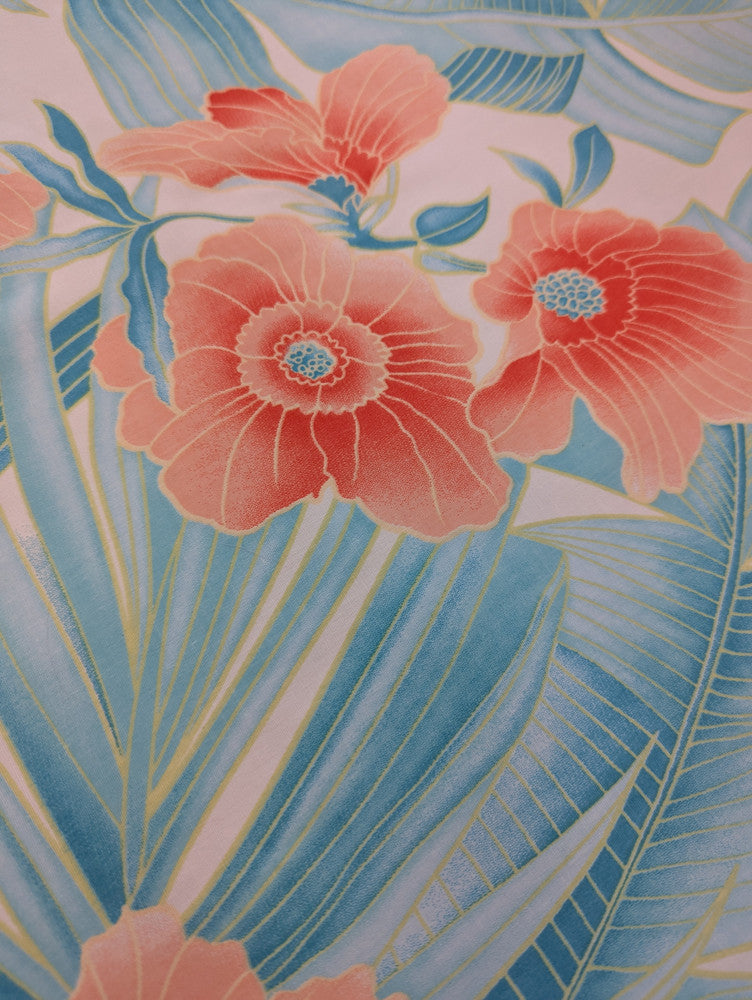 Coral Flower Print Cotton Spandex Fabric - Coral/Turquoise/Aqua Floral, 44/45" Width (1 Yard)