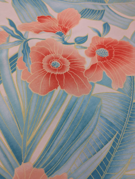 Coral Flower Print Cotton Spandex Fabric - Coral/Turquoise/Aqua Floral, 44/45" Width (1 Yard)