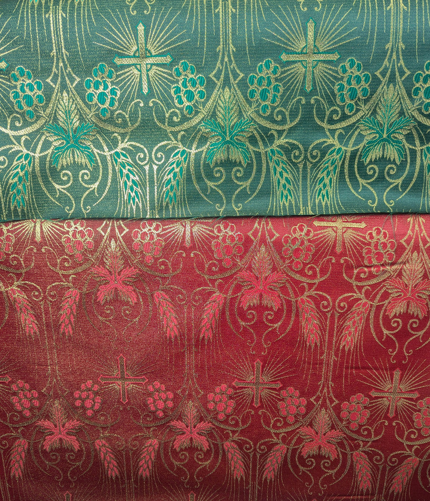 Church Metallic Brocade Wheat And Cross Polyester Brocade Fabric - Green, Red, Gold And Purple, Metallic Cross, Grapes And Wheat Jacquard, 58-59" Width (1 Yard)