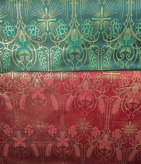Church Metallic Brocade Wheat And Cross Polyester Brocade Fabric - Green, Red, Gold And Purple, Metallic Cross, Grapes And Wheat Jacquard, 58-59" Width (1 Yard)