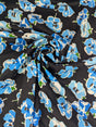 Blue Flower Print Cotton Spandex Fabric - Blue Floral On Black, 46-47" Width (1 Yard)