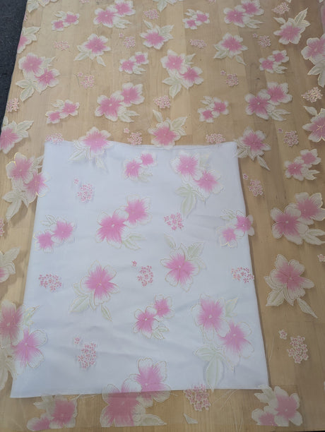 White Organza With Pink Flowers Polyester Organza Fabric - Pink Floral On White, Metallic Gold Outline, 58-59" Width (1 Yard)