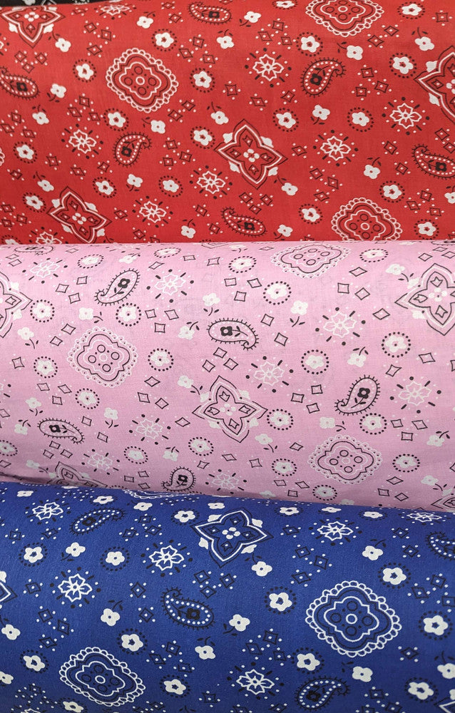 Bandana Poly Cotton Fabric - Paisley Bandana Print, Black, Red, Pink, Royal Blue, Yellow, 59/60" Width (1 Yard)