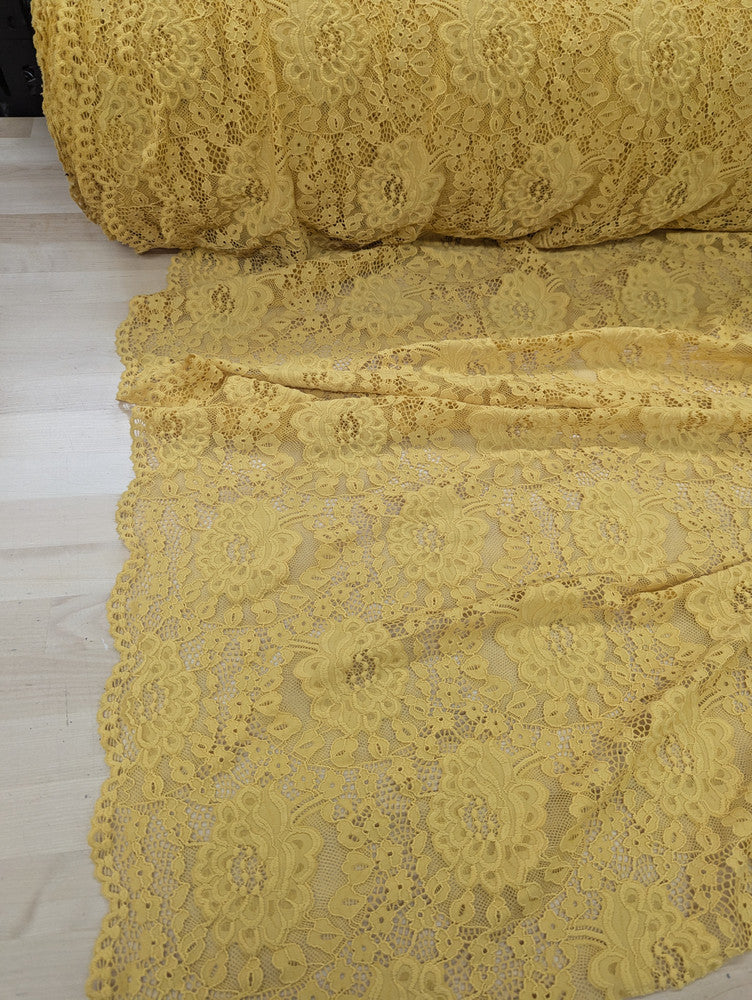 Mustard Stretch Lace Polyester Spandex Fabric - Mustard Floral Pattern, Small Scallop, Sheer, 54/55" Width (1 Yard)