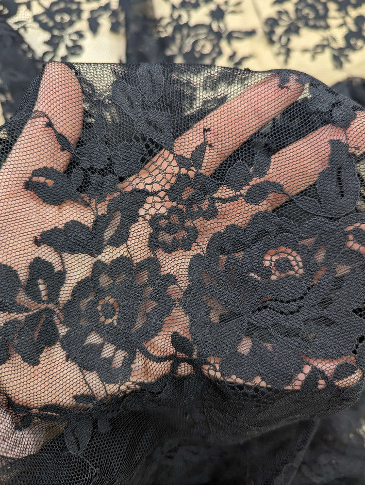 Stretch Lace Polyester Spandex Fabric - Black/Ivory Floral Pattern, 58/59" Width (1 Yard)